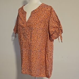 Talbot's Floral coral colored Blouse size 2x peekaboo sleeves with v-notch neck